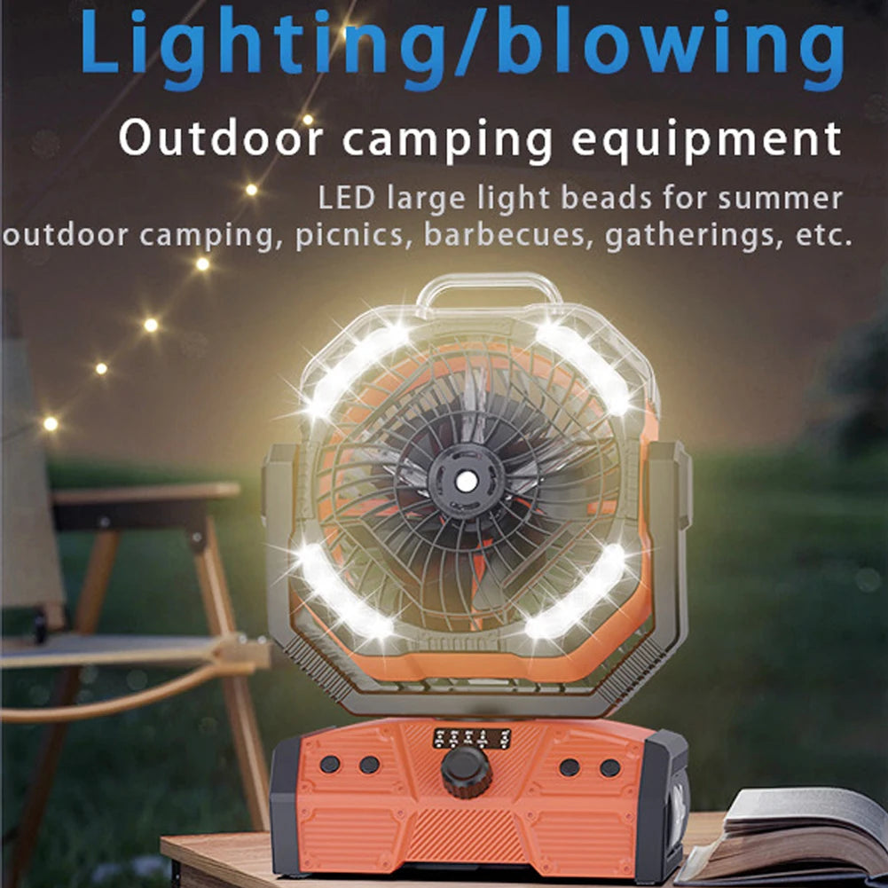 Camping Misting Fan with LED Lantern 30,000mAh Recharge Battery, Portable, Compact, Lightweight, Indoor/ Outdoor Use