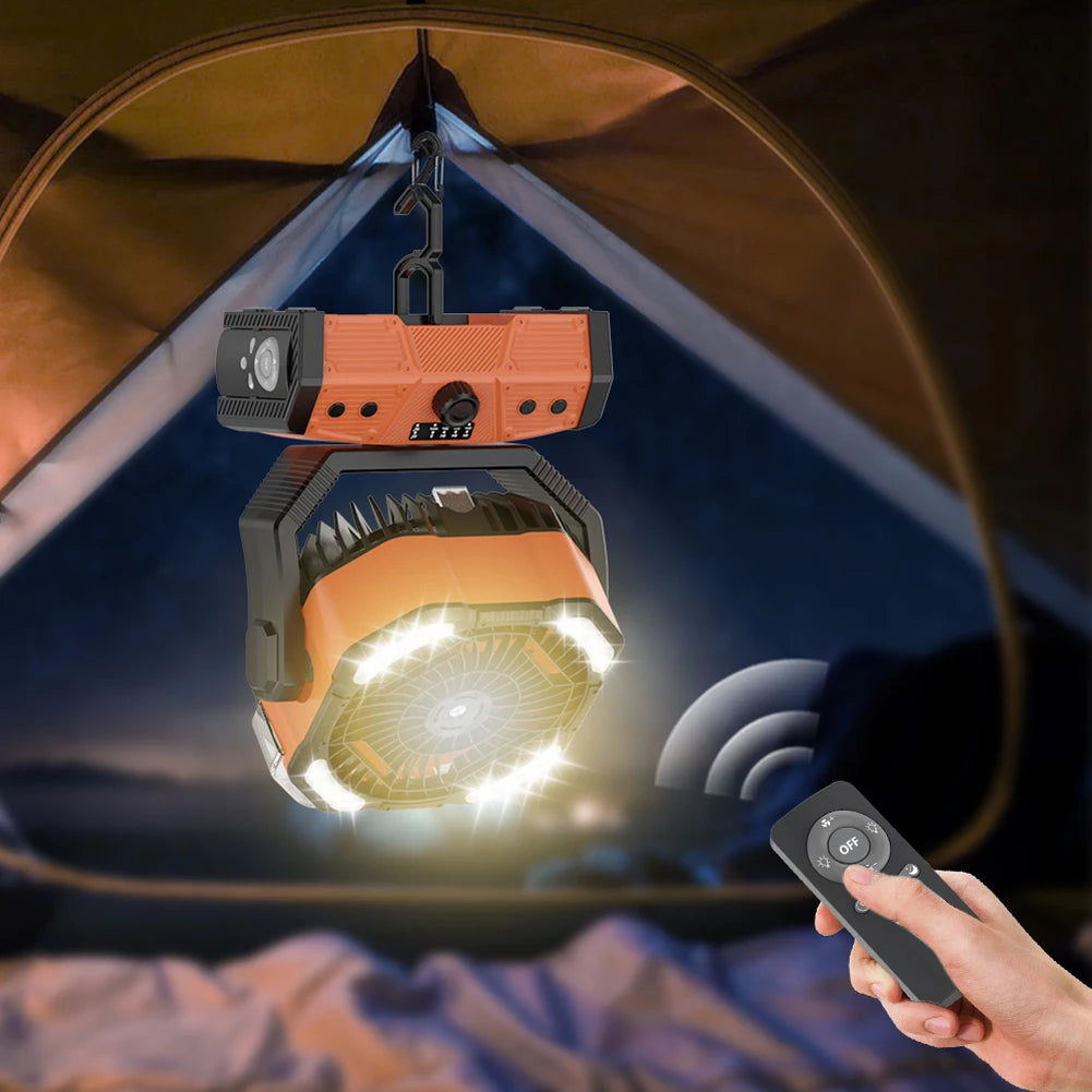 Camping Misting Fan with LED Lantern 30,000mAh Recharge Battery, Portable, Compact, Lightweight, Indoor/ Outdoor Use
