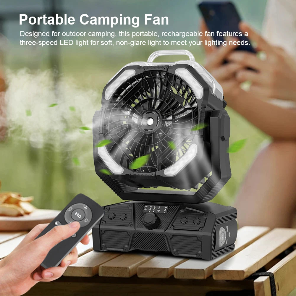 Camping Misting Fan with LED Lantern 30,000mAh Recharge Battery, Portable, Compact, Lightweight, Indoor/ Outdoor Use