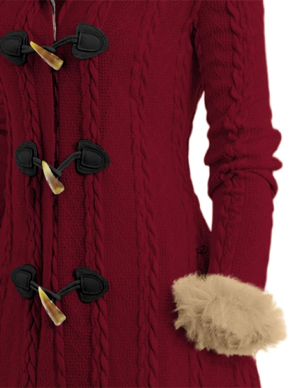 Dressfo Women’s Christmas Plaid Hooded Coat – Cable Knit Long Coat with Faux Fur & Horn Buttons