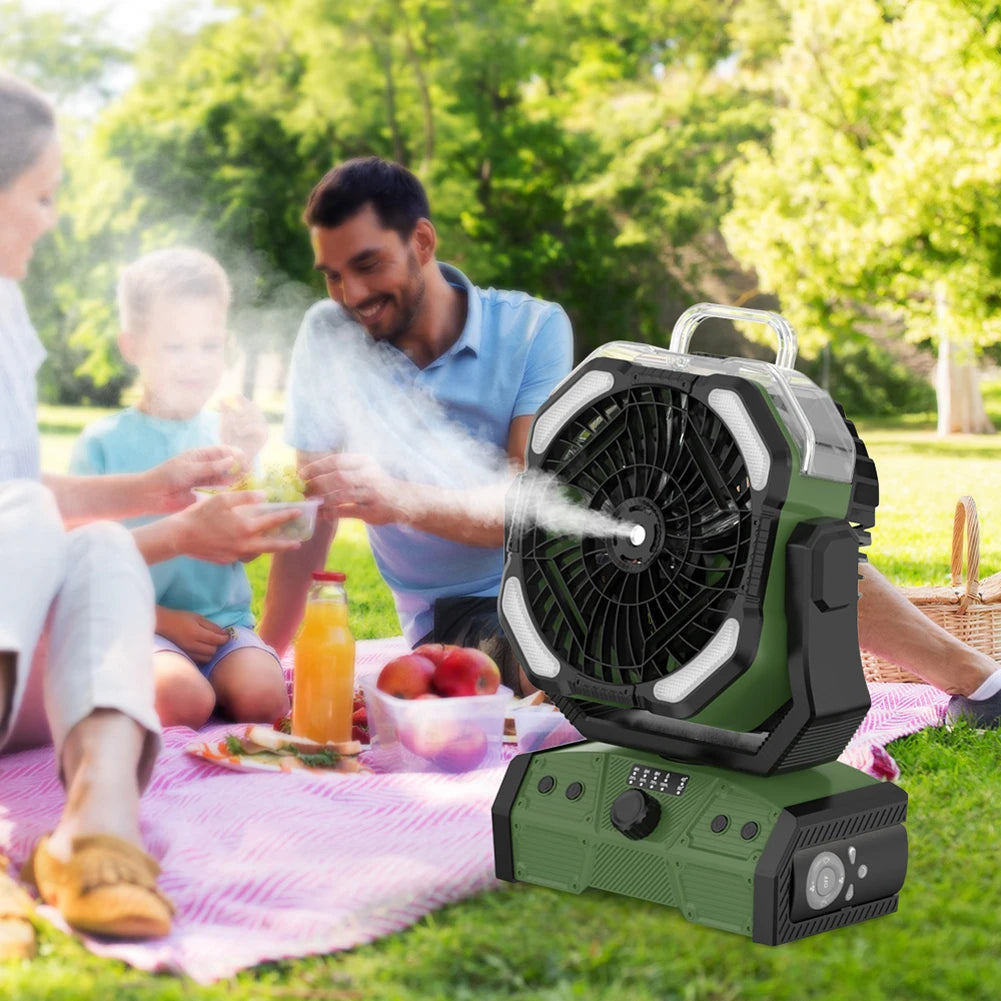 Camping Misting Fan with LED Lantern 30,000mAh Recharge Battery, Portable, Compact, Lightweight, Indoor/ Outdoor Use