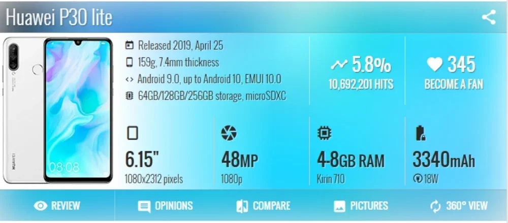 HUAWEI P30 Lite Smartphone / Android / 6GB RAM 128G ROM 6.15Inch 1080x2312HD 24+32MP Global Vision 4 / 5G Network