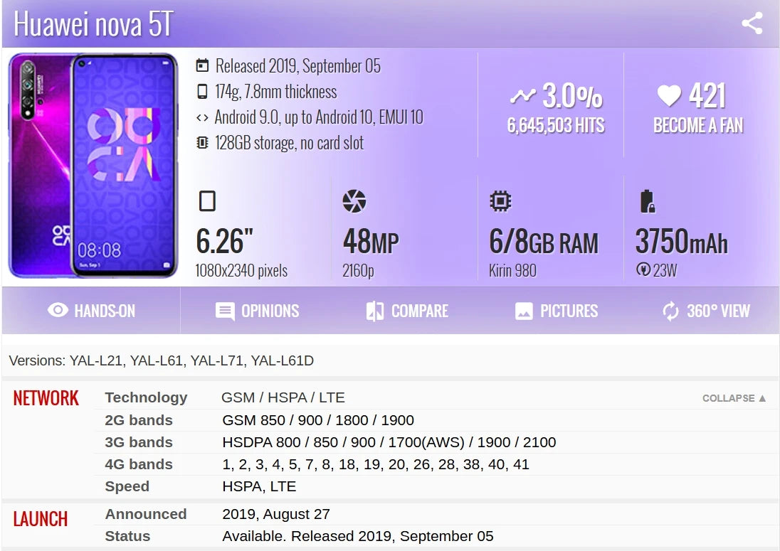 HUAWEI-Nova 5T Smartphone / Android - 6.26" / 128GB & 48MP / Google Play Store / 4G Network