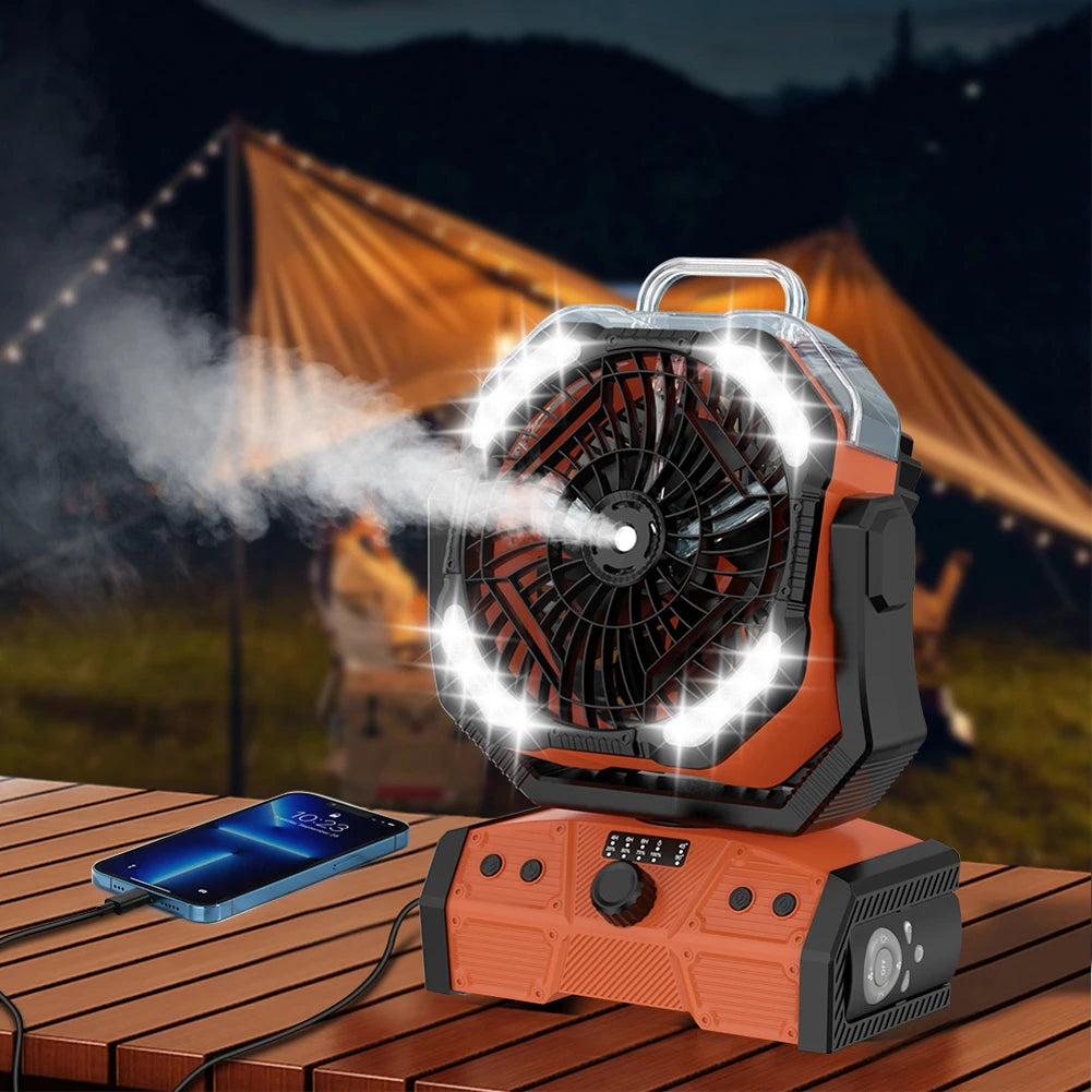 Camping Misting Fan with LED Lantern 30,000mAh Recharge Battery, Portable, Compact, Lightweight, Indoor/ Outdoor Use