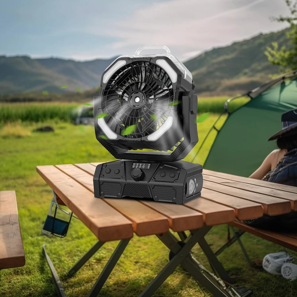 Camping Misting Fan with LED Lantern 30,000mAh Recharge Battery, Portable, Compact, Lightweight, Indoor/ Outdoor Use