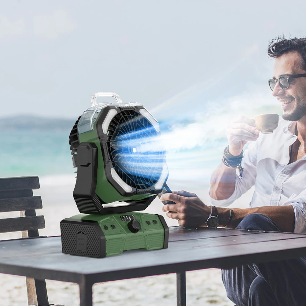 Camping Misting Fan with LED Lantern 30,000mAh Recharge Battery, Portable, Compact, Lightweight, Indoor/ Outdoor Use