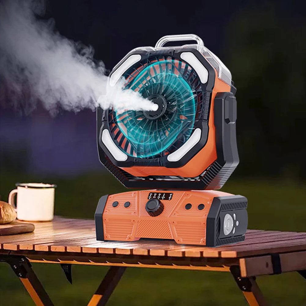 Camping Misting Fan with LED Lantern 30,000mAh Recharge Battery, Portable, Compact, Lightweight, Indoor/ Outdoor Use