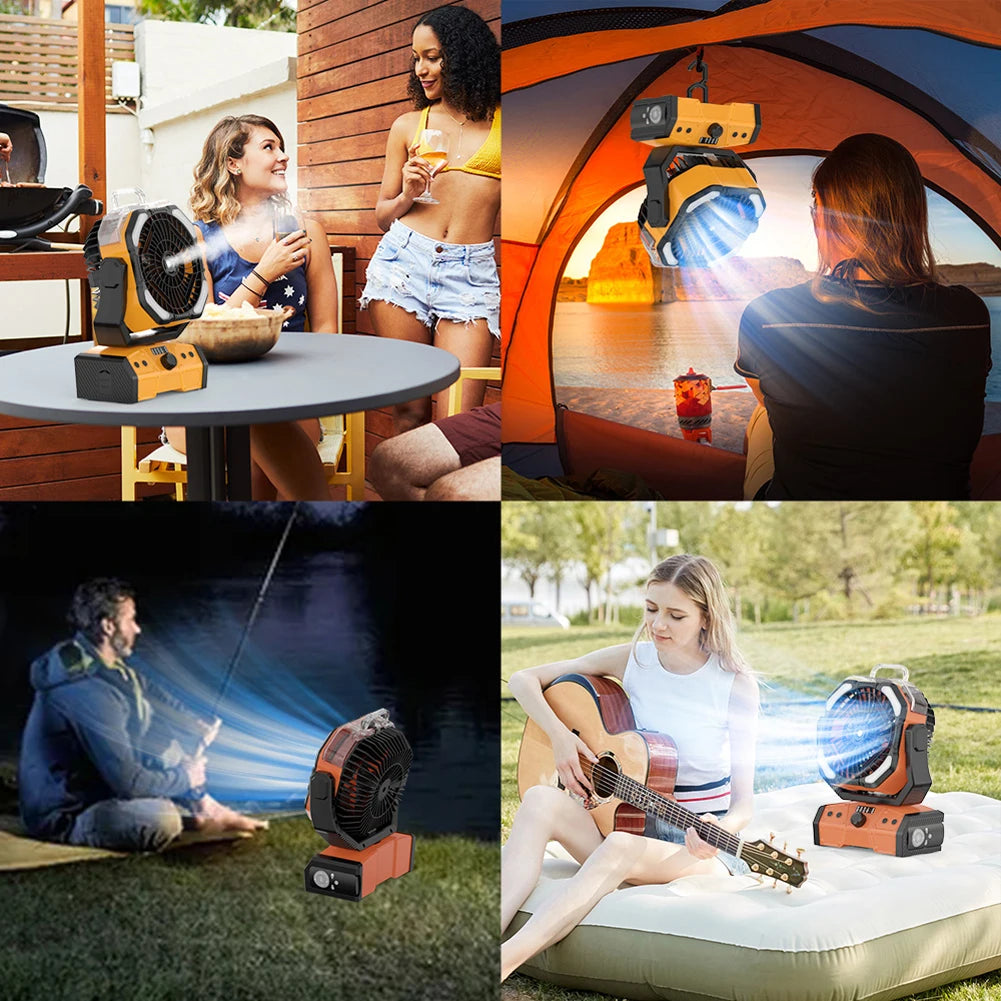 Camping Misting Fan with LED Lantern 30,000mAh Recharge Battery, Portable, Compact, Lightweight, Indoor/ Outdoor Use