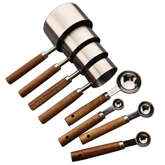 8 pieces Silvery Measuring Cups Set and Measuring Spoons Set with Scale BRIIEC Wooden Handle Stainless Steel Dry & Liquid Measuring Cup for Cooking Baking