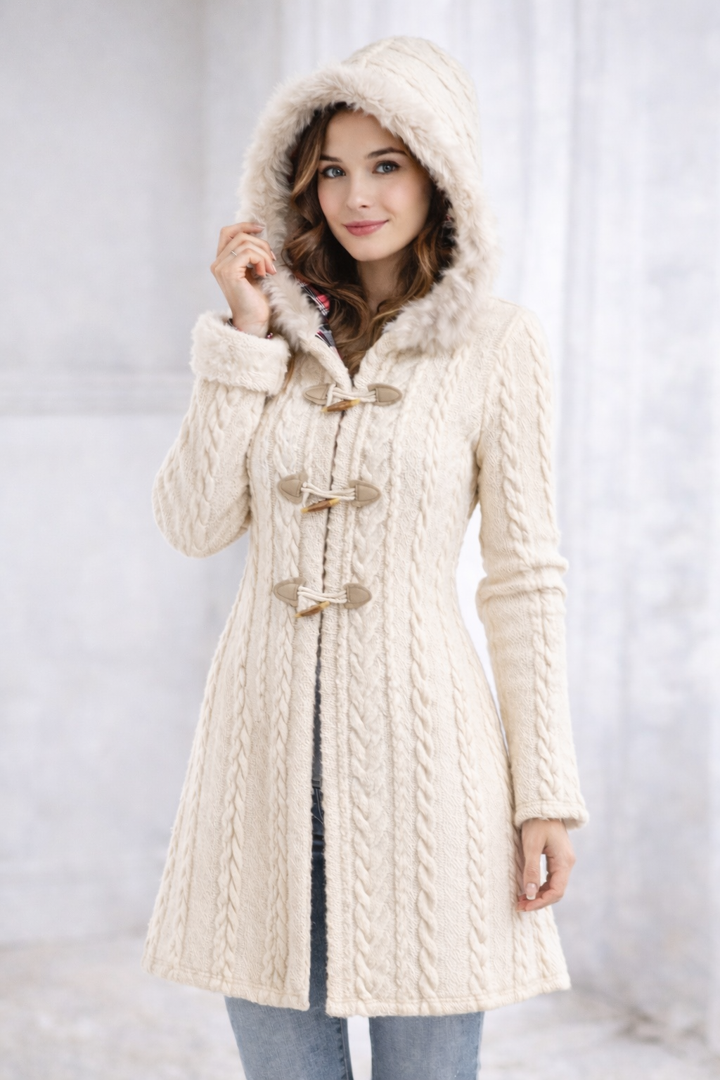 Dressfo Women’s Christmas Plaid Hooded Coat – Cable Knit Long Coat with Faux Fur & Horn Buttons