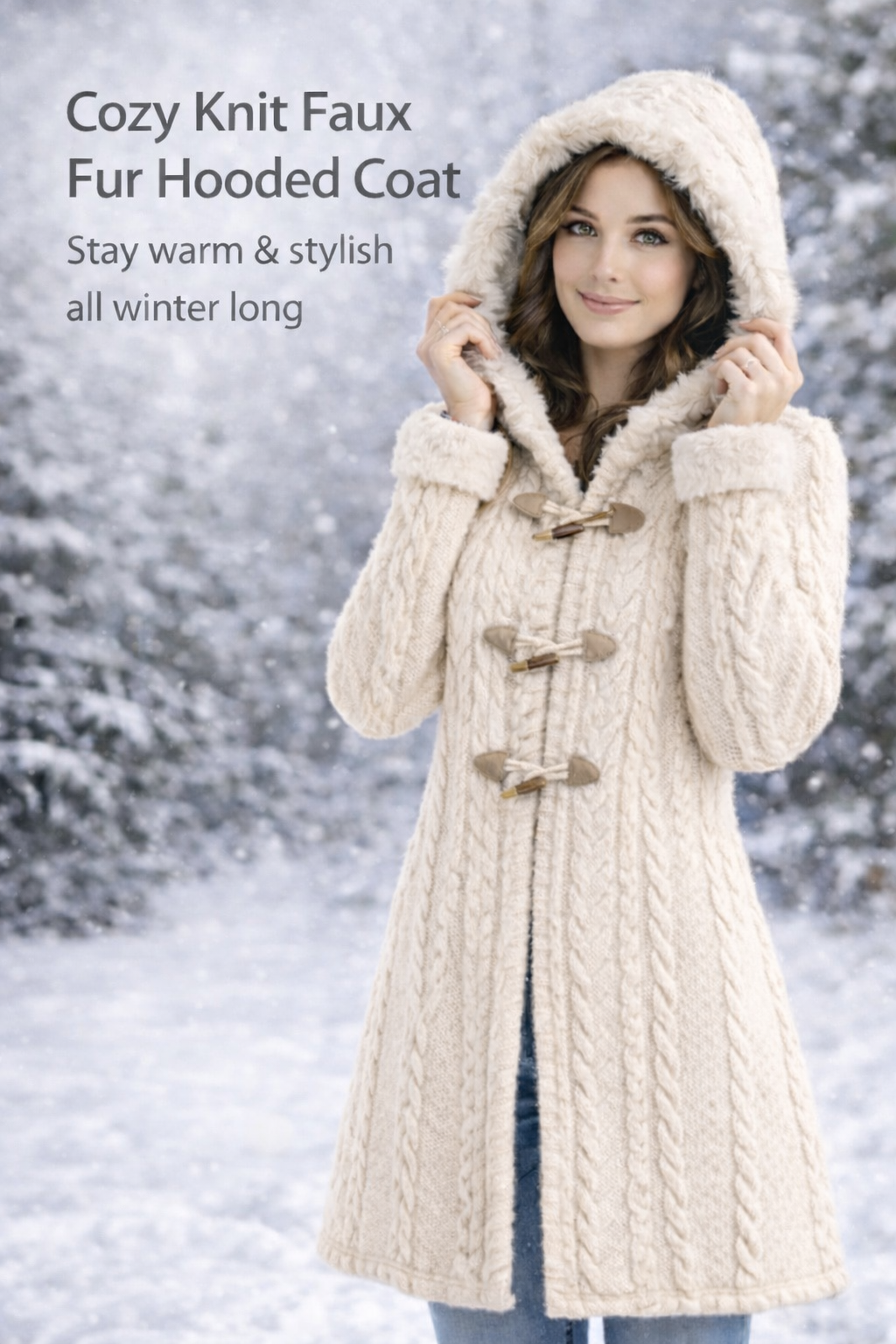 Dressfo Women’s Christmas Plaid Hooded Coat – Cable Knit Long Coat with Faux Fur & Horn Buttons