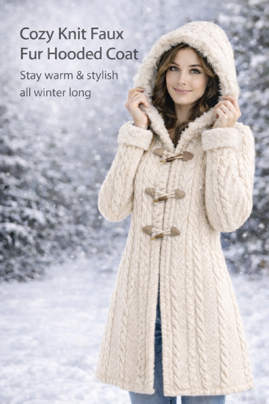 Dressfo Women’s Christmas Plaid Hooded Coat – Cable Knit Long Coat with Faux Fur & Horn Buttons