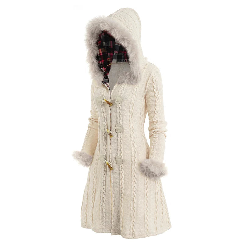 Dressfo Women’s Christmas Plaid Hooded Coat – Cable Knit Long Coat with Faux Fur & Horn Buttons