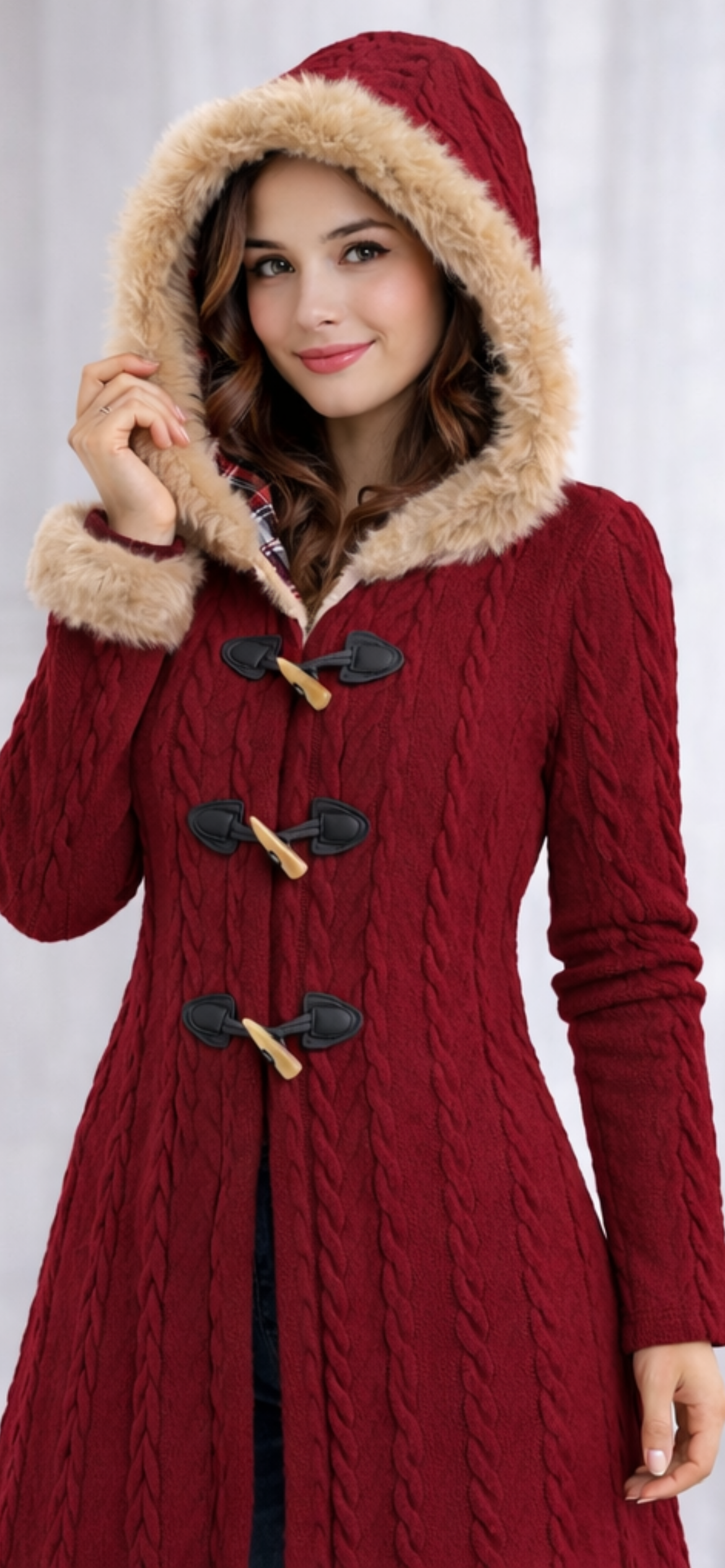 Dressfo Women’s Christmas Plaid Hooded Coat – Cable Knit Long Coat with Faux Fur & Horn Buttons