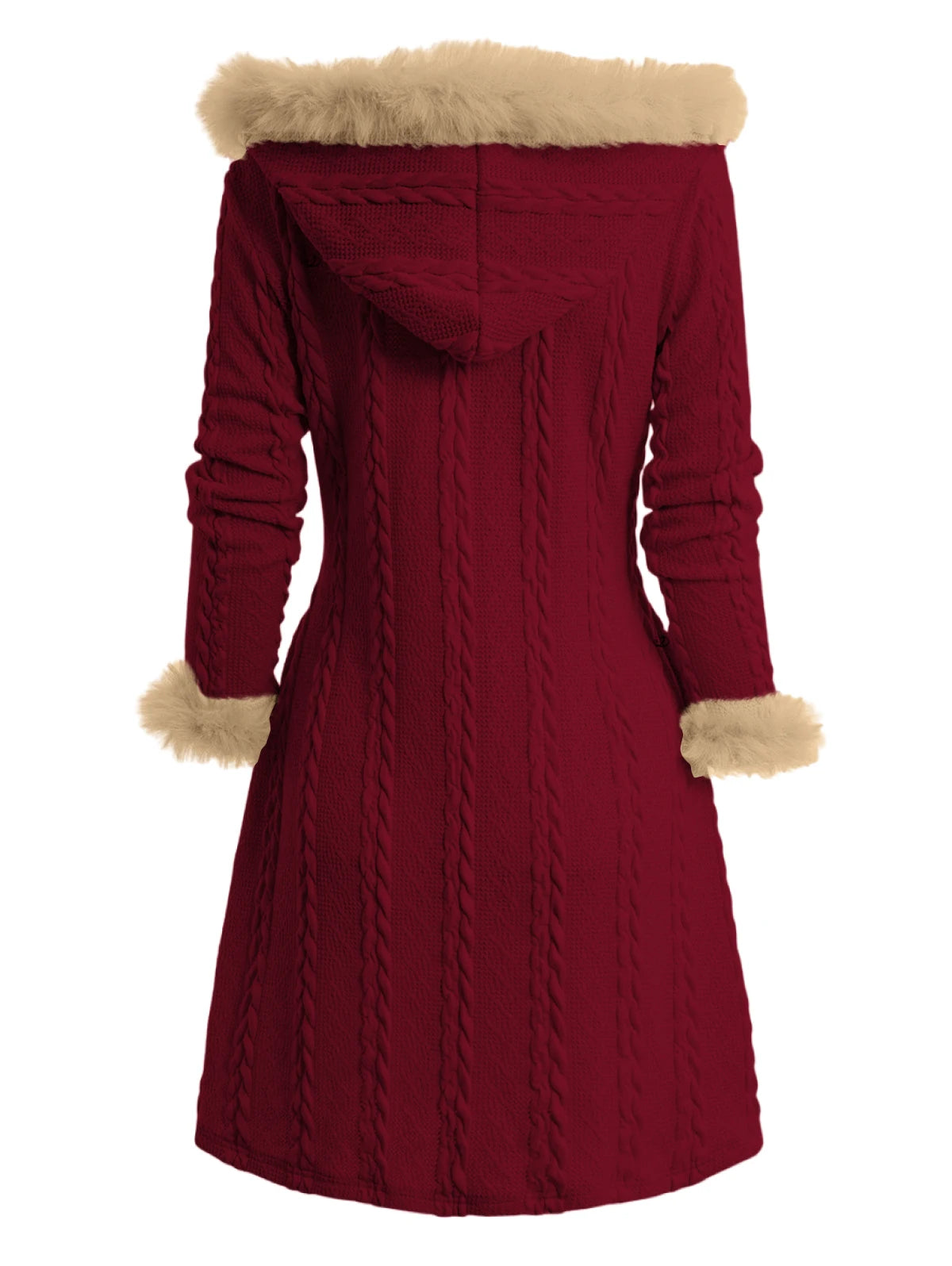 Dressfo Women’s Christmas Plaid Hooded Coat – Cable Knit Long Coat with Faux Fur & Horn Buttons