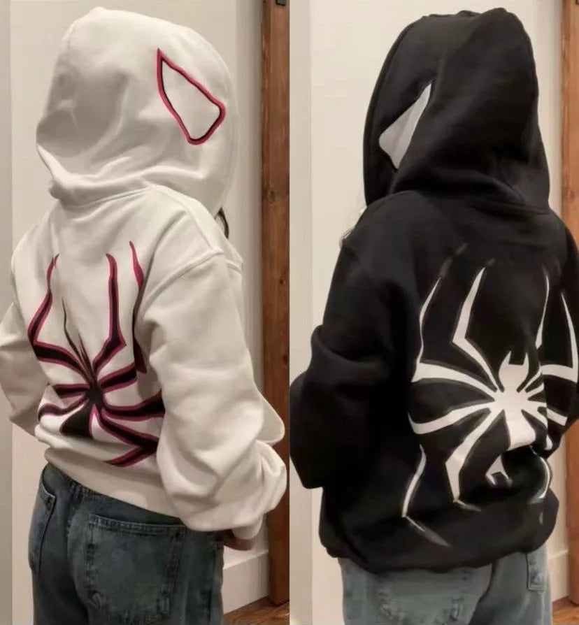 Unisex Spider Web Zip-Up Hoodie – Oversized Y2K Streetwear