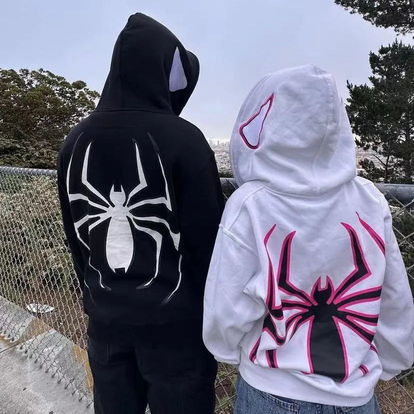 Unisex Spider Web Zip-Up Hoodie – Oversized Y2K Streetwear