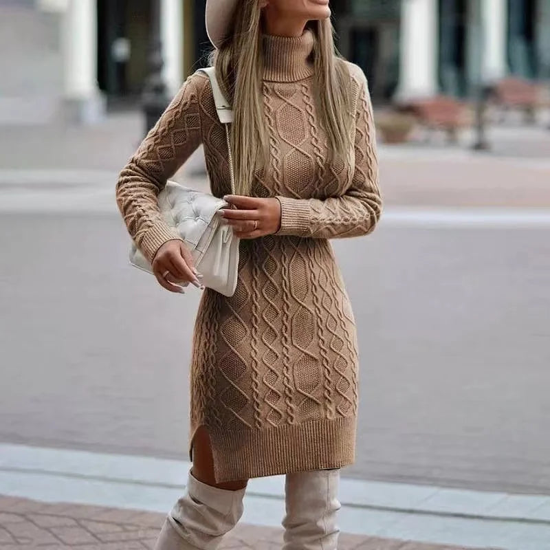 Elegant High-Neck Knit Sweater Dress – Warm, Soft & Perfect for Cold Days
