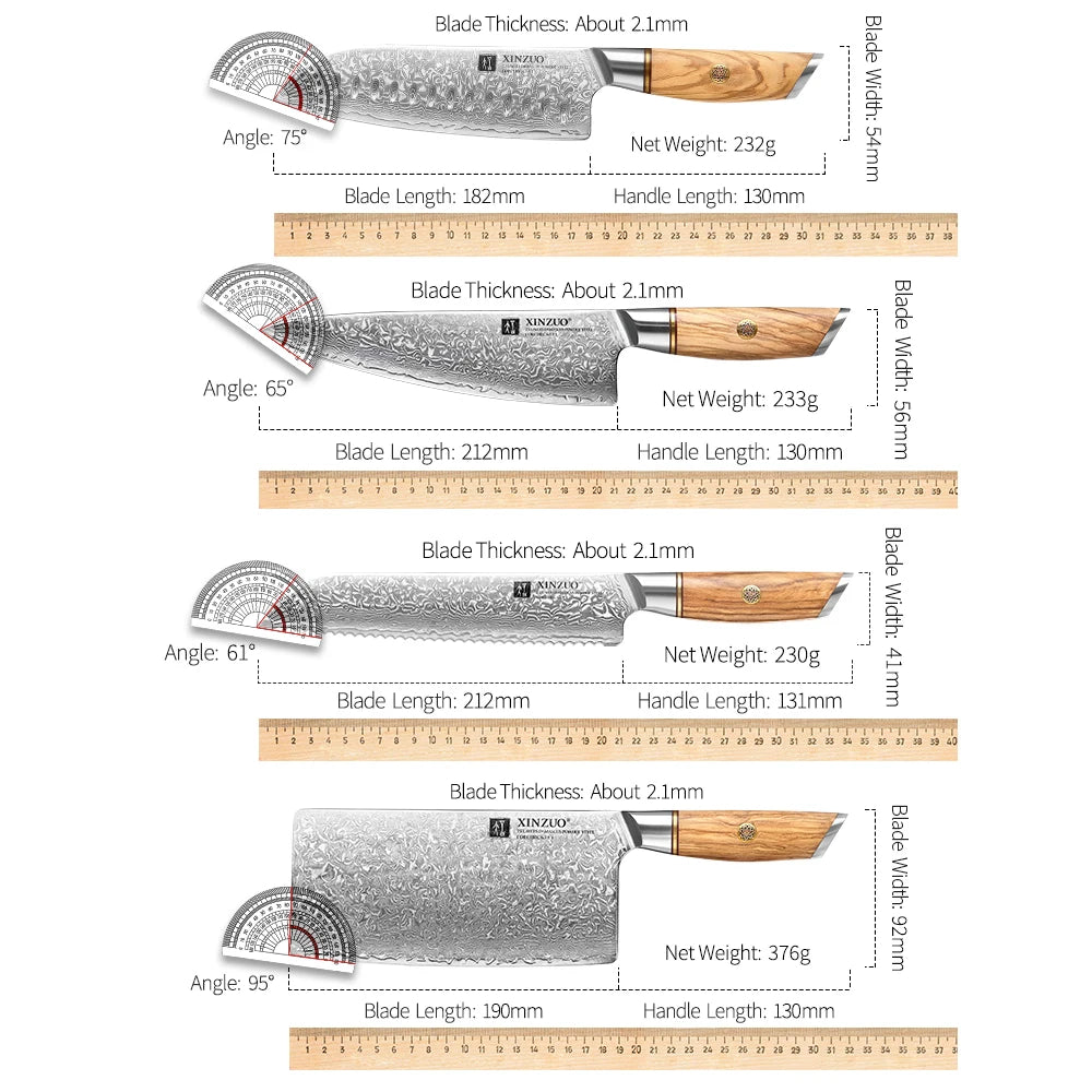 *1-8pcs Damascus Steel Kitchen Knife Set / 15°±1 Per Side Steel Blade with Olive Wood Handle