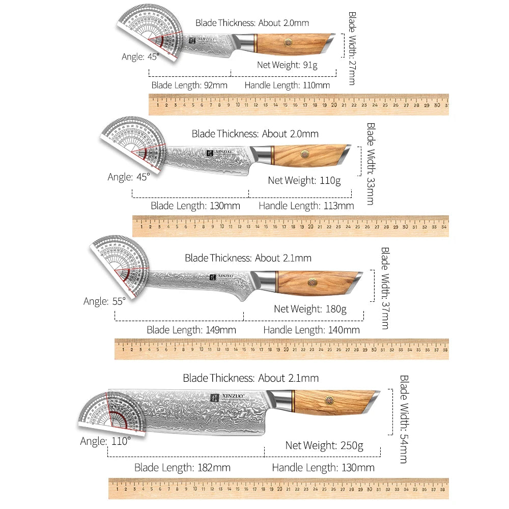 *1-8pcs Damascus Steel Kitchen Knife Set / 15°±1 Per Side Steel Blade with Olive Wood Handle