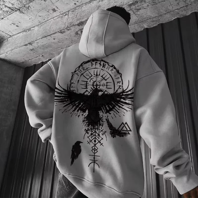 Men’s Viking Totem Hoodie – Y2K Eagle Print Cotton Sweatshirt