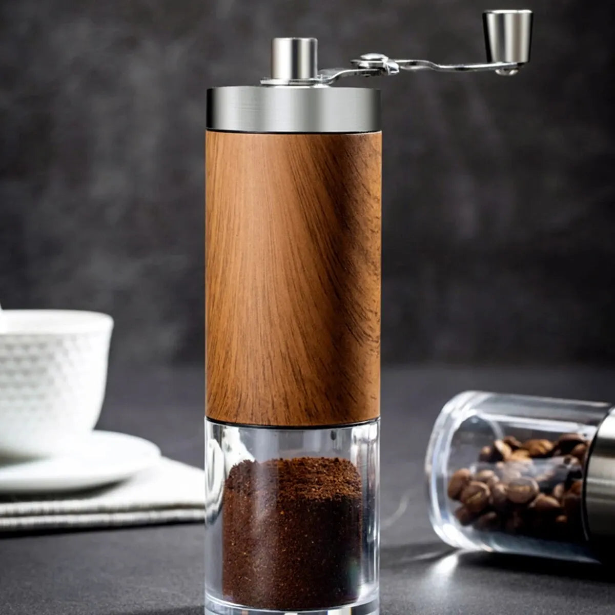 *Coffee Bean Grinder / Wood Grain & Stainless Steel Hank Crank