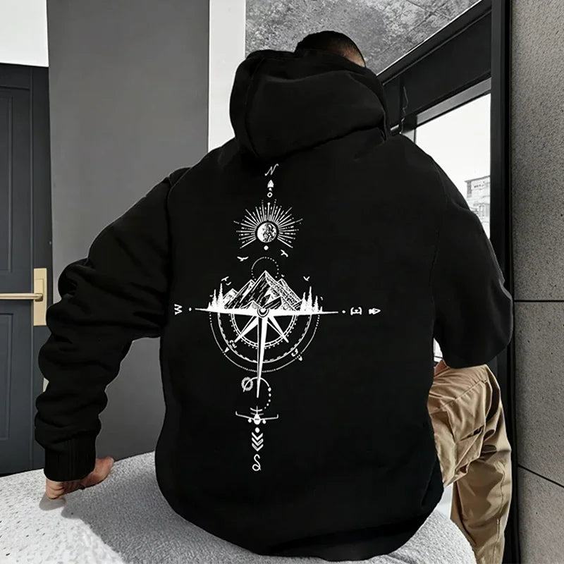 Men’s Vintage Compass Print Hoodie – Premium All-Season Pullover Sweatshirt