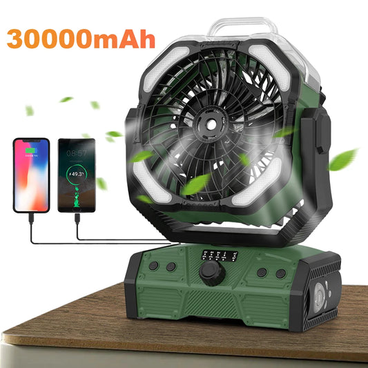 Camping Misting Fan with LED Lantern 30,000mAh Recharge Battery, Portable, Compact, Lightweight, Indoor/ Outdoor Use