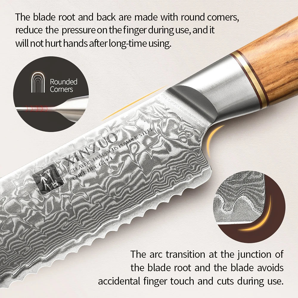 *1-8pcs Damascus Steel Kitchen Knife Set / 15°±1 Per Side Steel Blade with Olive Wood Handle