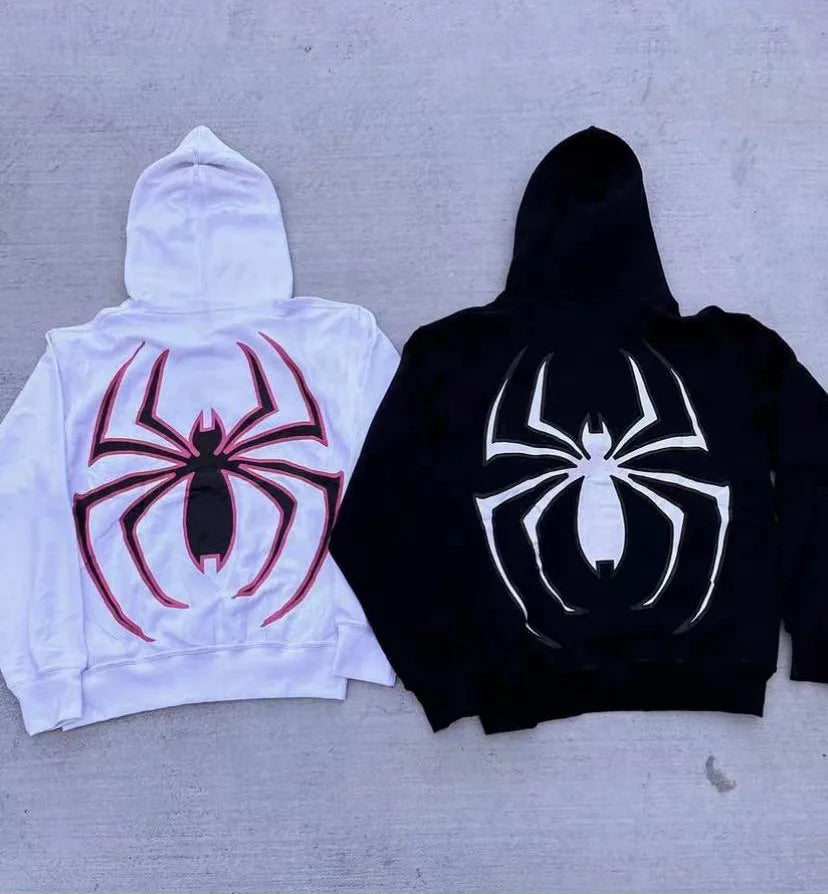 Unisex Spider Web Zip-Up Hoodie – Oversized Y2K Streetwear