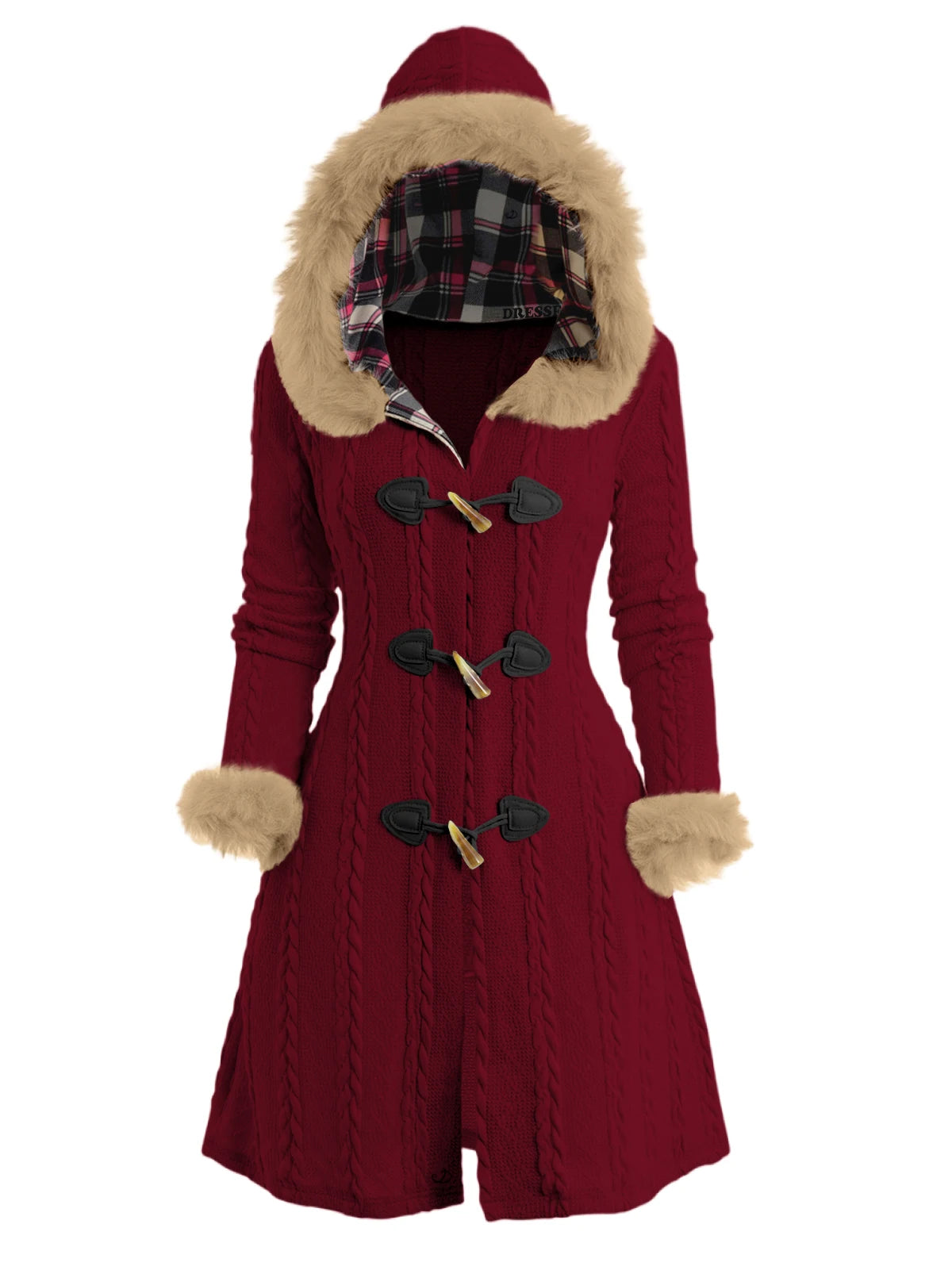Dressfo Women’s Christmas Plaid Hooded Coat – Cable Knit Long Coat with Faux Fur & Horn Buttons