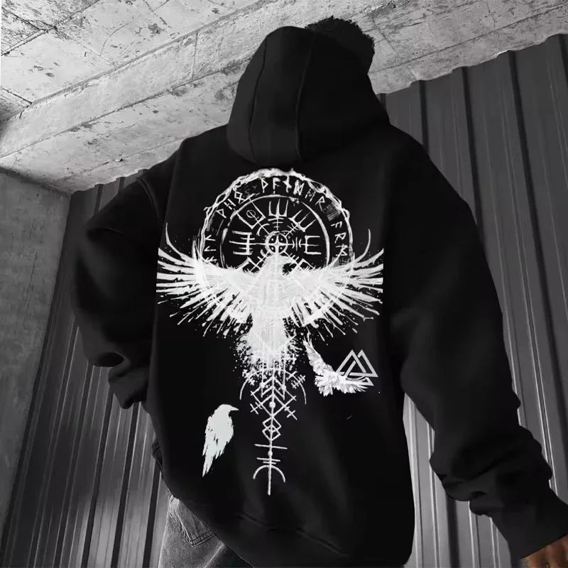 Men’s Viking Totem Hoodie – Y2K Eagle Print Cotton Sweatshirt