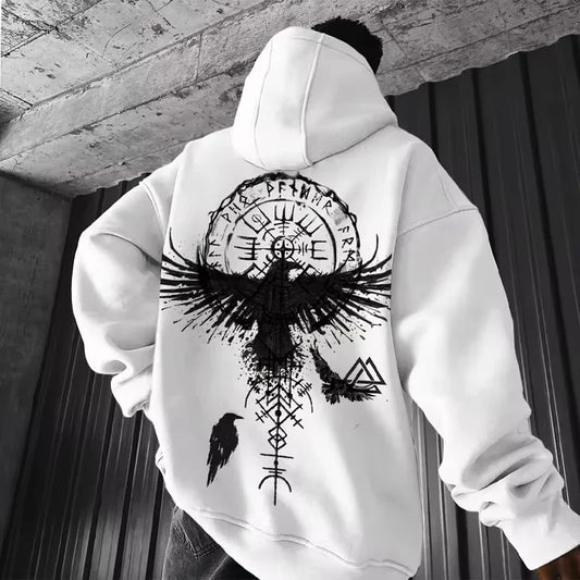 Men’s Viking Totem Hoodie – Y2K Eagle Print Cotton Sweatshirt