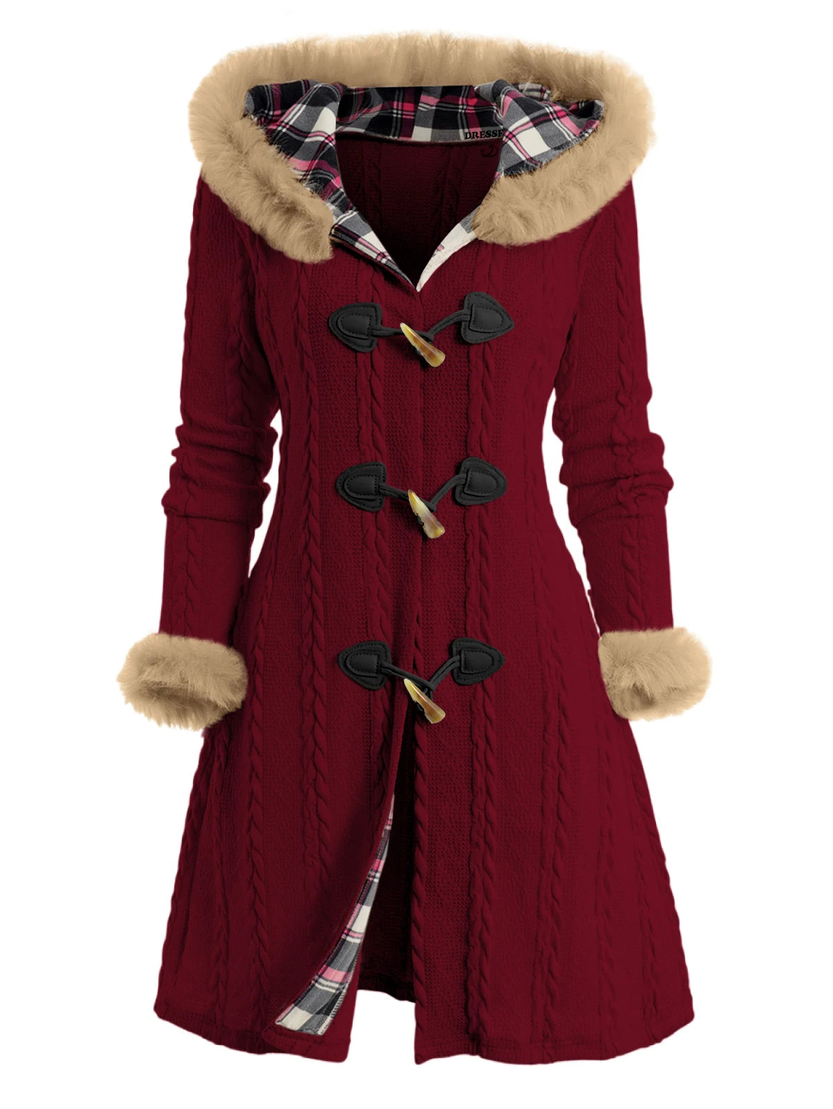 Dressfo Women’s Christmas Plaid Hooded Coat – Cable Knit Long Coat with Faux Fur & Horn Buttons