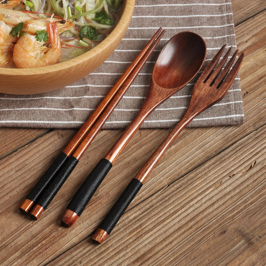 *3 Piece Solid Wood Set / Spoon, Fork & Chopsticks / Long Handled