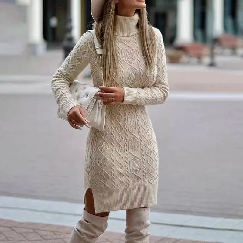 Elegant High-Neck Knit Sweater Dress – Warm, Soft & Perfect for Cold Days