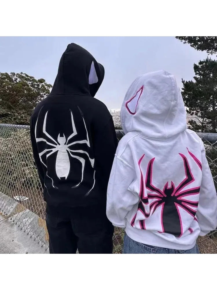 Unisex Spider Web Zip-Up Hoodie – Oversized Y2K Streetwear