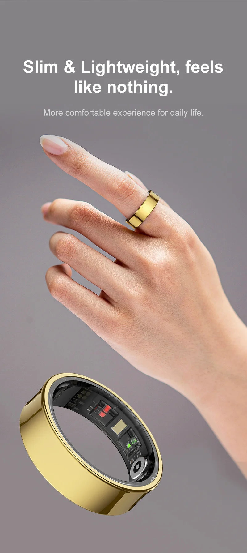 Wear your Health on one finger-track heart rate, sleep, temp and 10 sports, all week on a single charge.