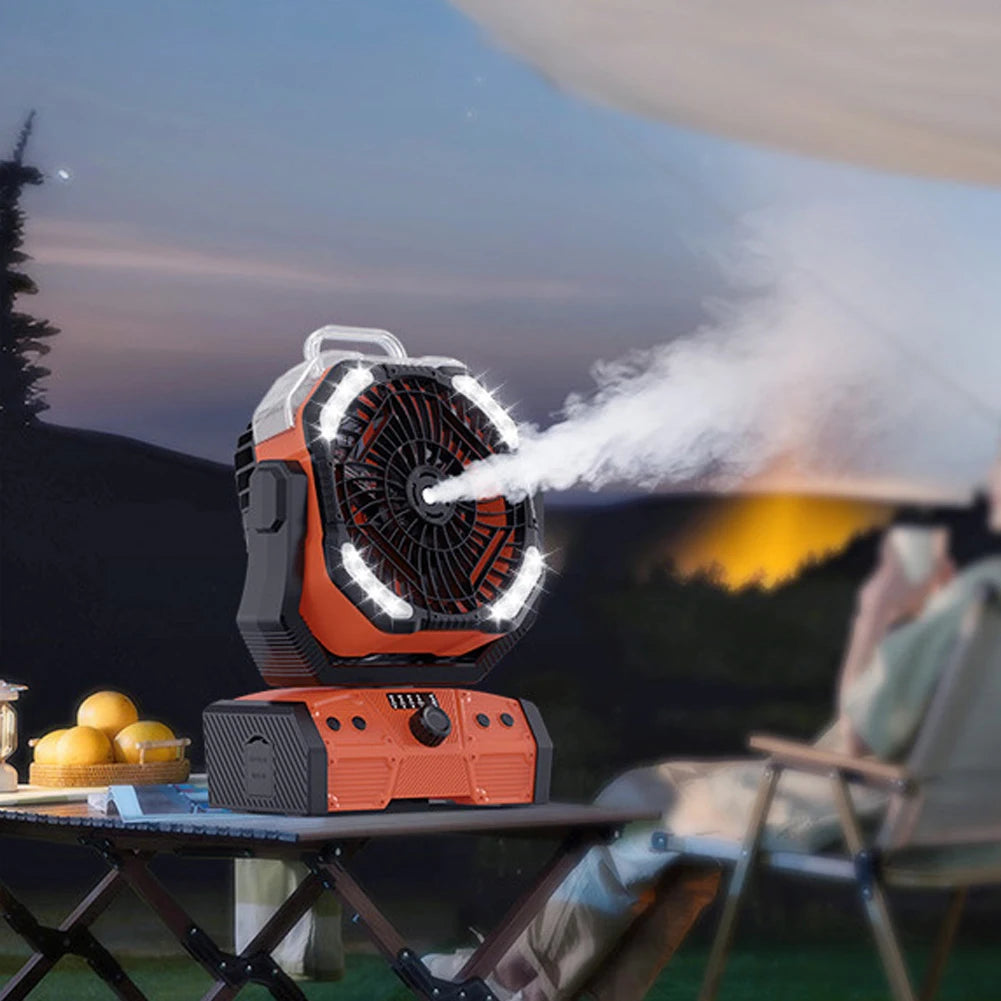 Camping Misting Fan with LED Lantern 30,000mAh Recharge Battery, Portable, Compact, Lightweight, Indoor/ Outdoor Use