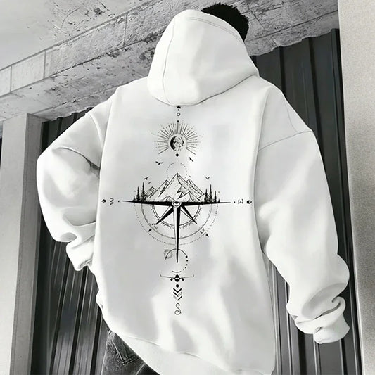 Men’s Vintage Compass Print Hoodie – Premium All-Season Pullover Sweatshirt