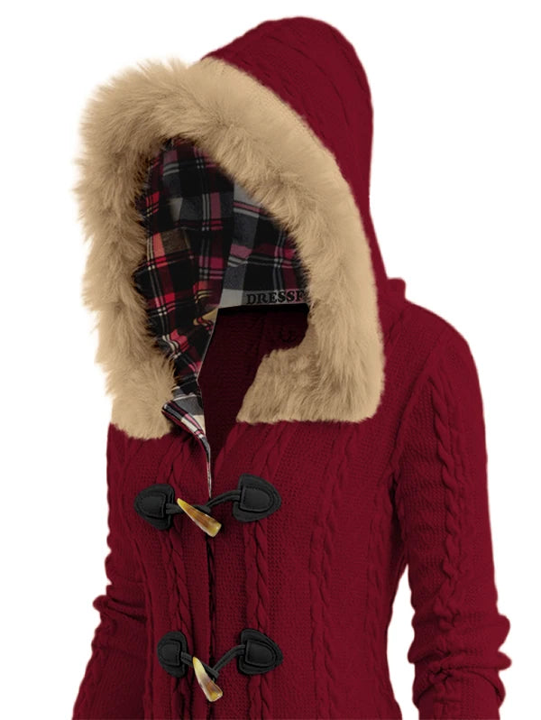 Dressfo Women’s Christmas Plaid Hooded Coat – Cable Knit Long Coat with Faux Fur & Horn Buttons