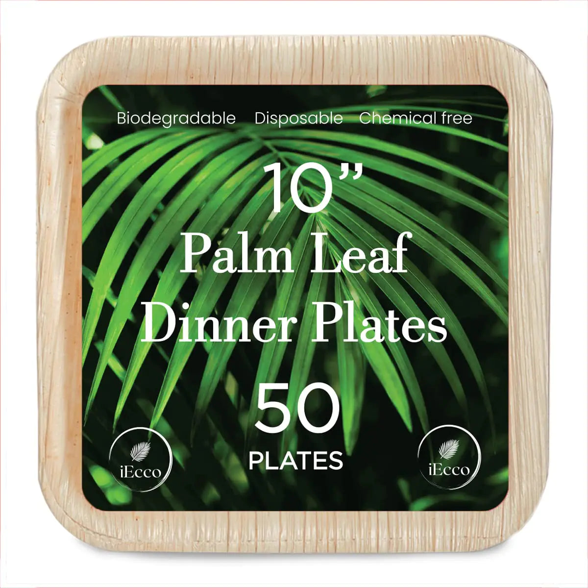 iEcco Palm Leaf Plates I 50 Pack Compostable 10 Inch Square Plates I 100% Natural Premium Biodegradable Plates I Alternative Bamboo Plates Disposable | Heavy Duty Microwave Safe Wooden Dinner Plates