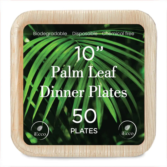 iEcco Palm Leaf Plates I 50 Pack Compostable 10 Inch Square Plates I 100% Natural Premium Biodegradable Plates I Alternative Bamboo Plates Disposable | Heavy Duty Microwave Safe Wooden Dinner Plates
