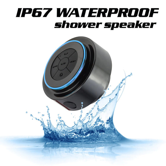 Waterproof shower speaker with water splashing around it on a white background